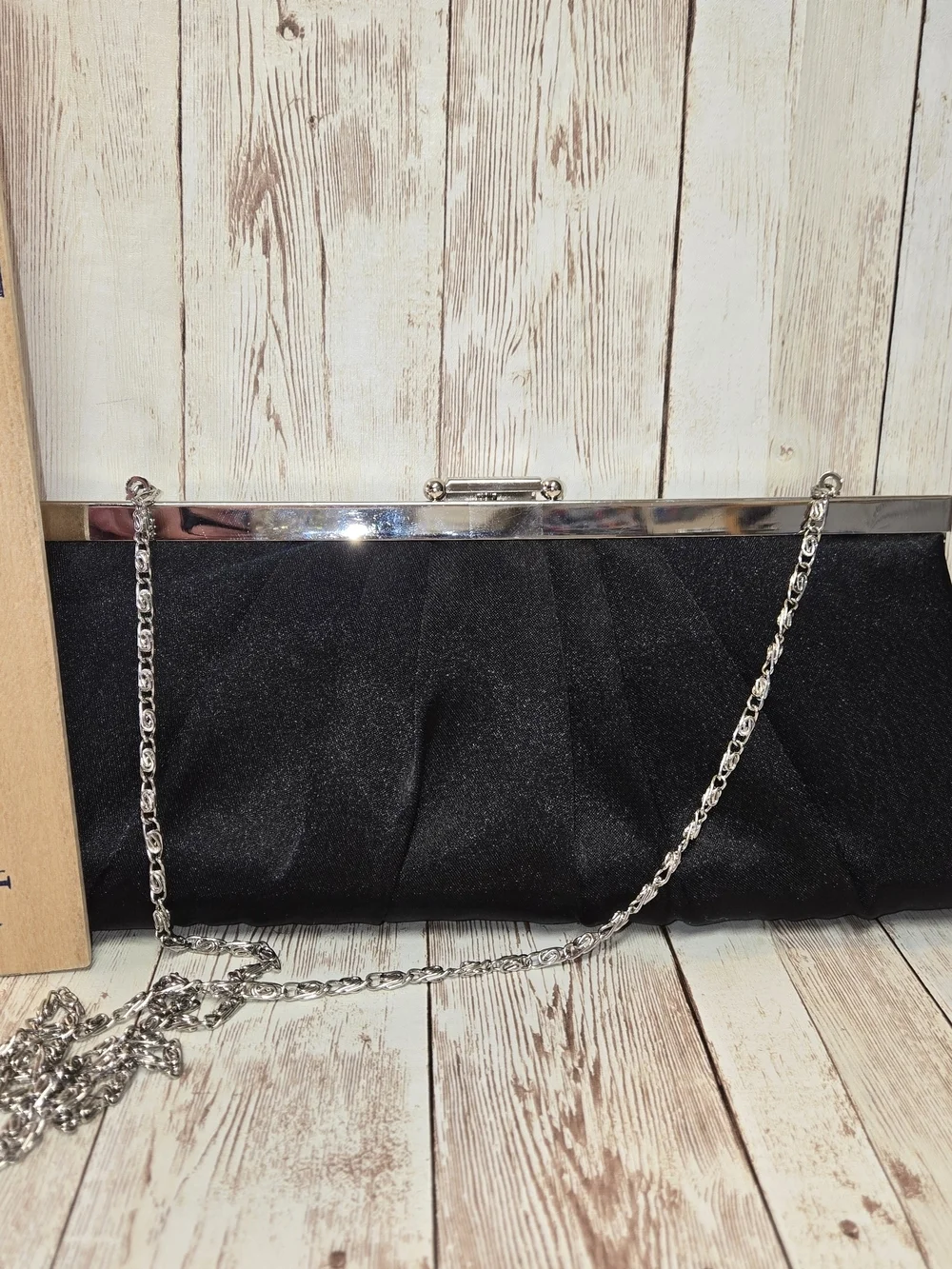 Jessica McClintock Black Satin Clutch Silver Chain Strap Evening Bag